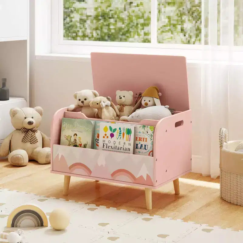 Kids Wooden Toy Box with Front Bookshelf 4 Solid Wood Legs Flip-top Lid for Nursery White/Pink