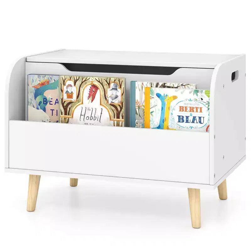 Kids Wooden Toy Box with Front Bookshelf 4 Solid Wood Legs Flip-top Lid for Nursery White/Pink