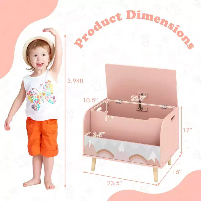 Kids Wooden Toy Box with Front Bookshelf 4 Solid Wood Legs Flip-top Lid for Nursery White/Pink