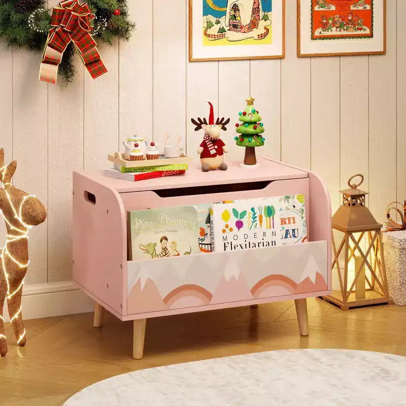 Kids Wooden Toy Box with Front Bookshelf 4 Solid Wood Legs Flip-top Lid for Nursery White/Pink