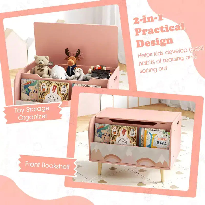 Kids Wooden Toy Box with Front Bookshelf 4 Solid Wood Legs Flip-top Lid for Nursery White/Pink