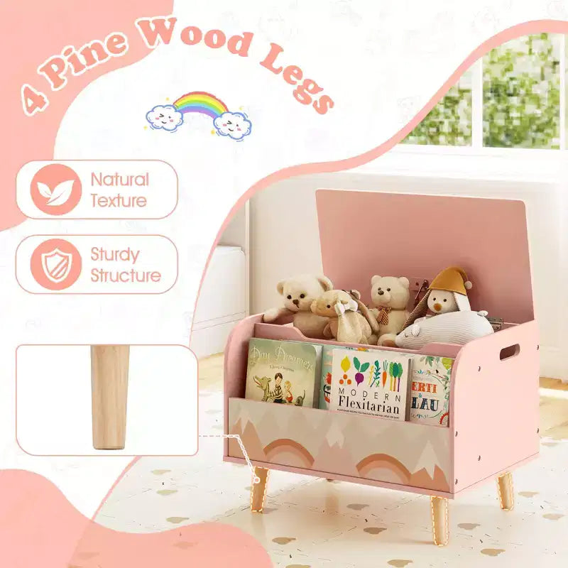 Kids Wooden Toy Box with Front Bookshelf 4 Solid Wood Legs Flip-top Lid for Nursery White/Pink