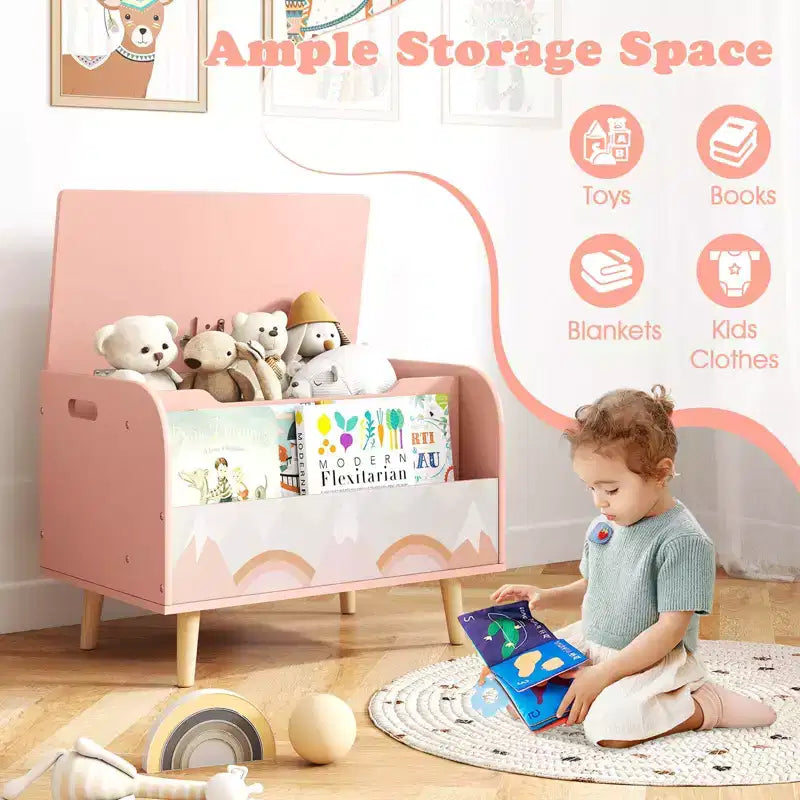 Kids Wooden Toy Box with Front Bookshelf 4 Solid Wood Legs Flip-top Lid for Nursery White/Pink