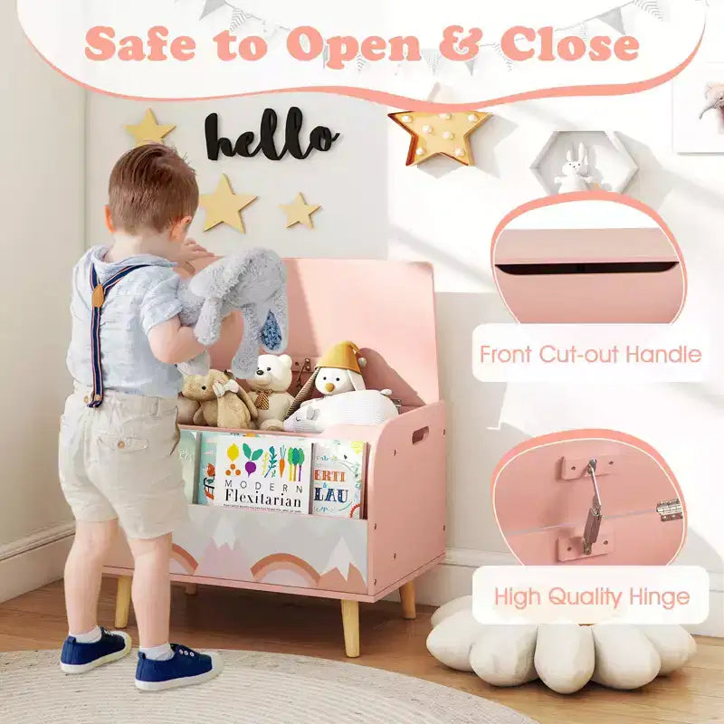Kids Wooden Toy Box with Front Bookshelf 4 Solid Wood Legs Flip-top Lid for Nursery White/Pink