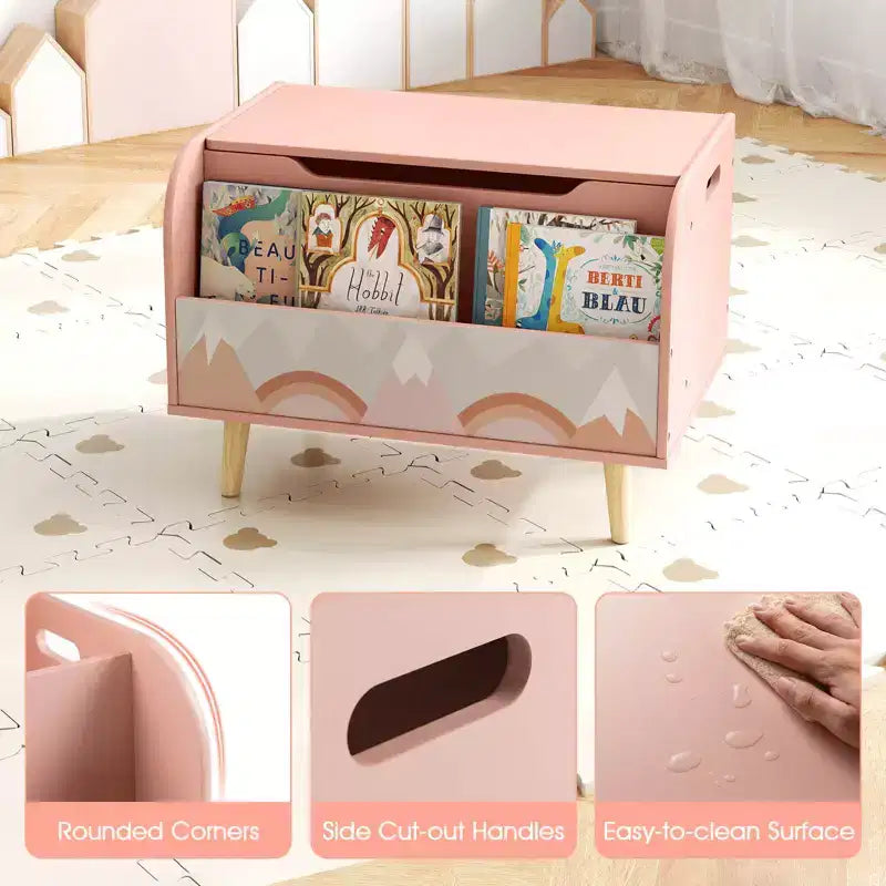 Kids Wooden Toy Box with Front Bookshelf 4 Solid Wood Legs Flip-top Lid for Nursery White/Pink