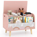  Kids Wooden Toy Box with Front Bookshelf 4 Solid Wood Legs Flip-top Lid for Nursery White/Pink