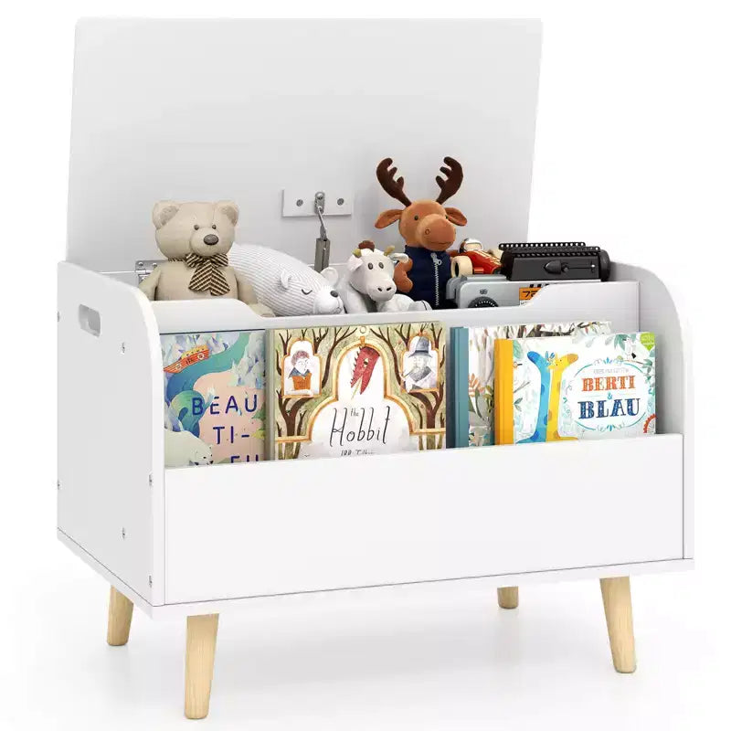 Kids Wooden Toy Box with Front Bookshelf 4 Solid Wood Legs Flip-top Lid for Nursery White/Pink