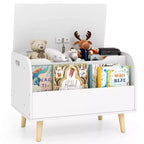 Contenitore portagiochi in legno per bambini con libreria frontale, 4 gambe in legno massiccio e coperchio ribaltabile per cameretta, bianco/rosa