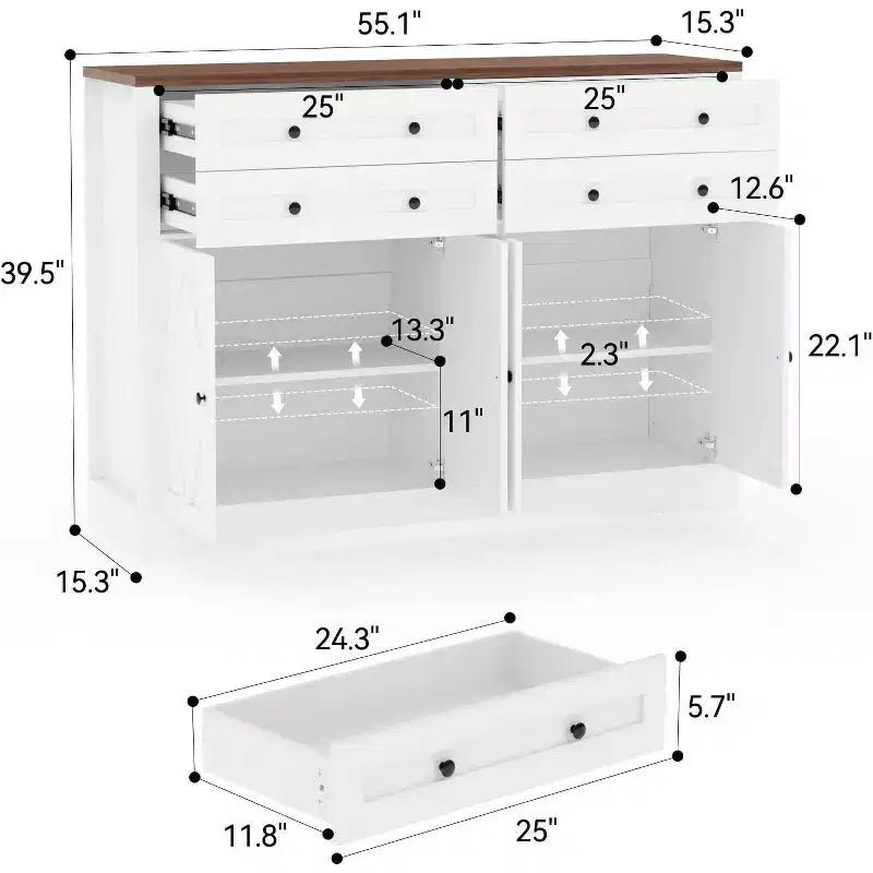 Modern Buffet Cabinet with Storage,Farmhouse Sideboard with 4 Doors & 4 Drawers,Large Wood Buffet Cabinet for Dining Room, Kitchen,white