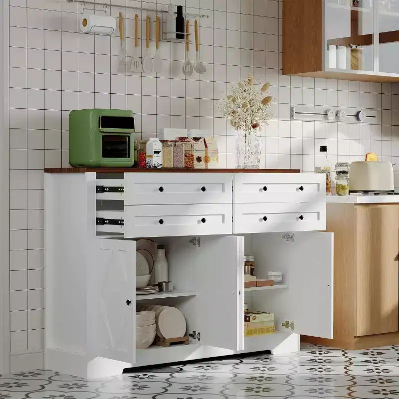 Modern Buffet Cabinet with Storage,Farmhouse Sideboard with 4 Doors & 4 Drawers,Large Wood Buffet Cabinet for Dining Room, Kitchen,white