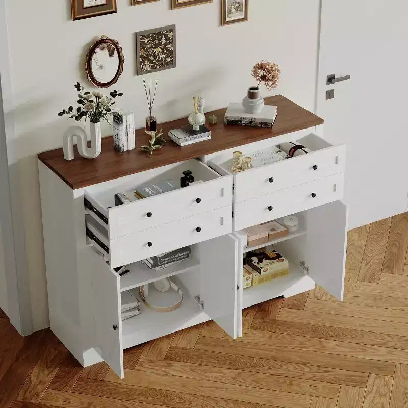 Modern Buffet Cabinet with Storage,Farmhouse Sideboard with 4 Doors & 4 Drawers,Large Wood Buffet Cabinet for Dining Room, Kitchen,white