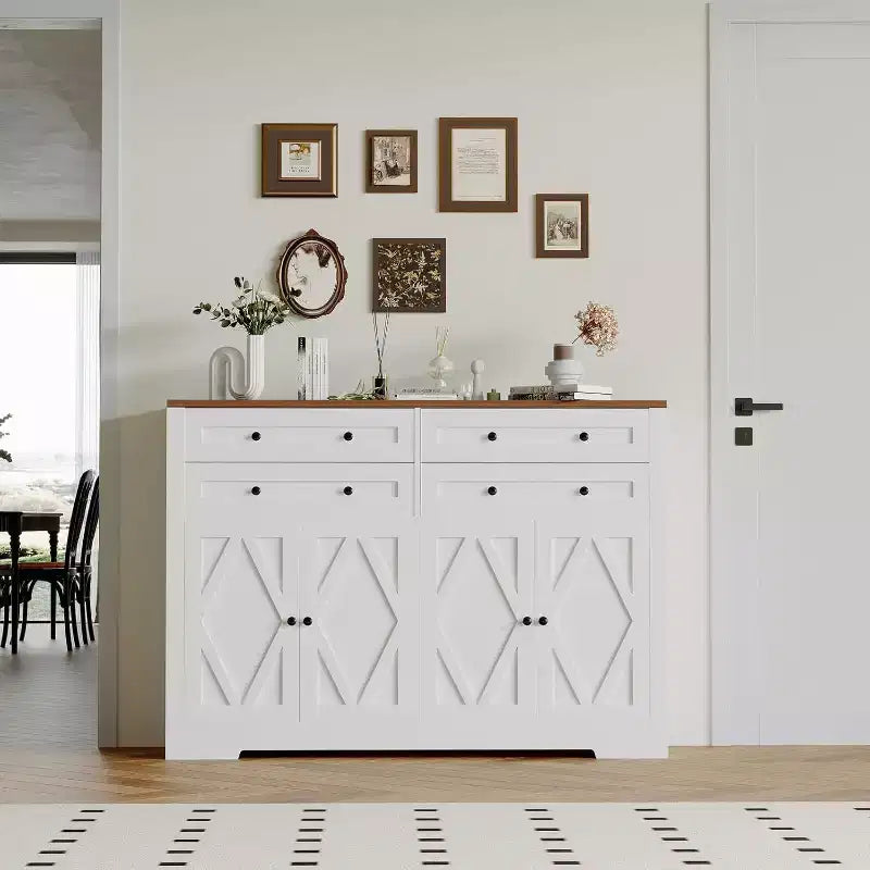 Modern Buffet Cabinet with Storage,Farmhouse Sideboard with 4 Doors & 4 Drawers,Large Wood Buffet Cabinet for Dining Room, Kitchen,white