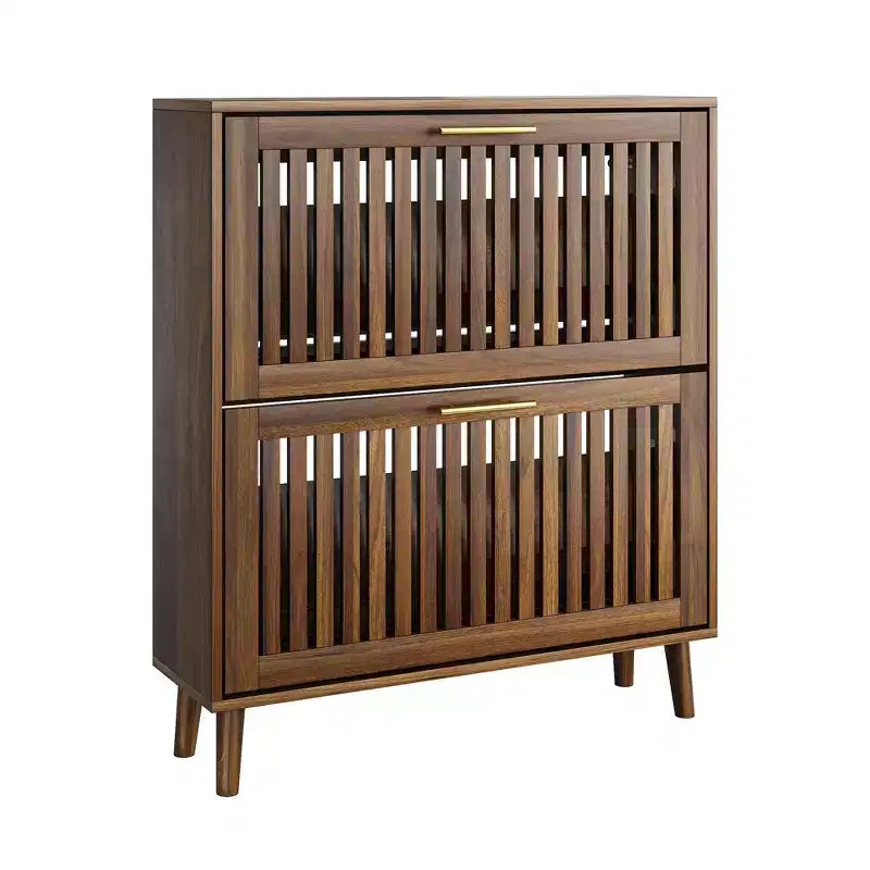  31.5-inch Walnut Slatted Shoe Cabinet, Mid-Century Modern Freestanding Design with 2 Flip-Top Drawers, Ideal for Hallways