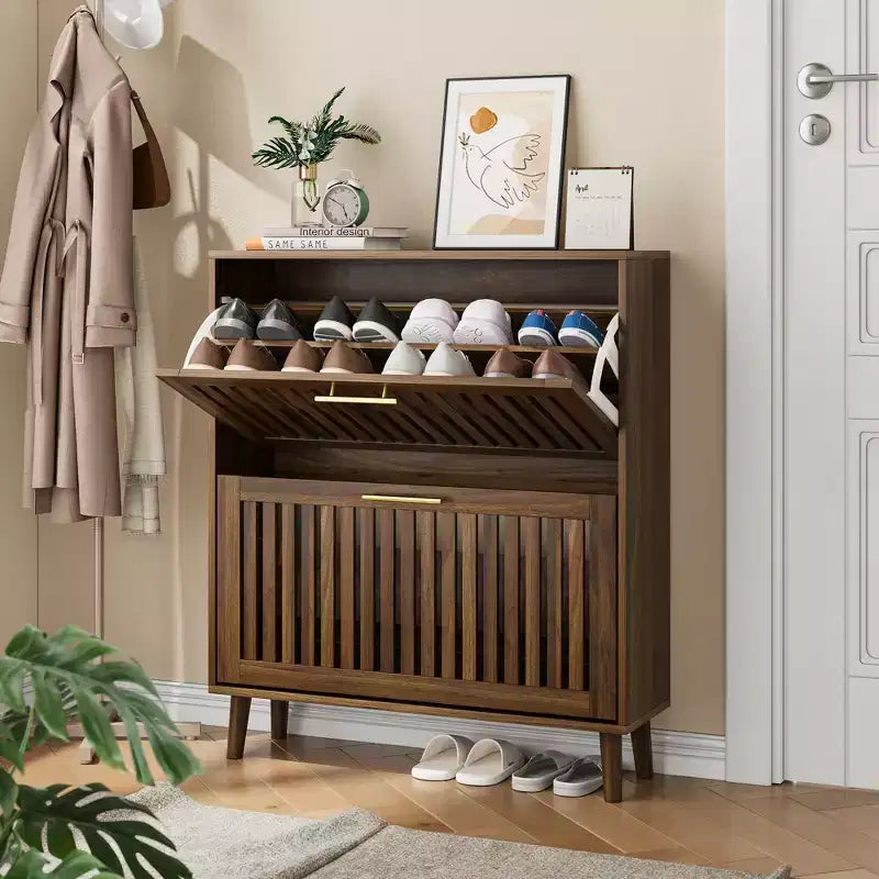 31.5-inch Walnut Slatted Shoe Cabinet, Mid-Century Modern Freestanding Design with 2 Flip-Top Drawers, Ideal for Hallways