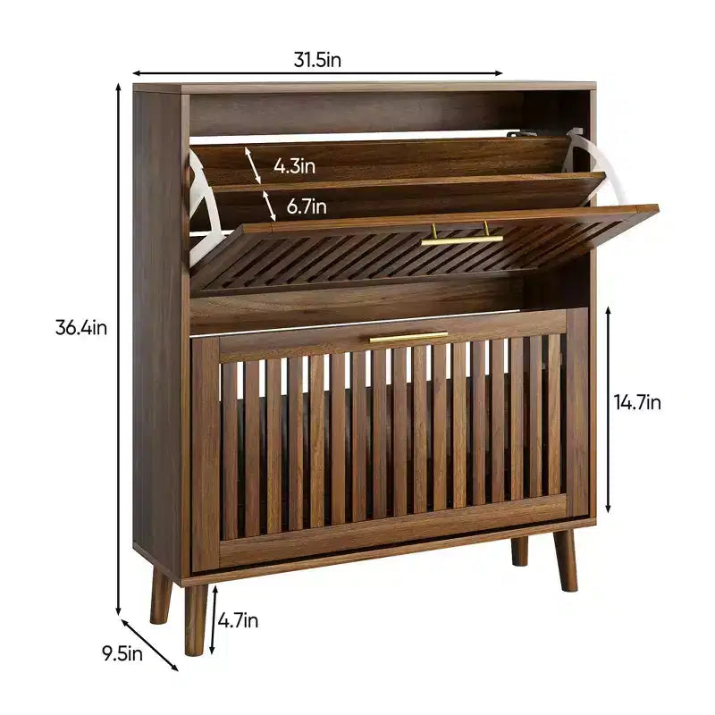 31.5-inch Walnut Slatted Shoe Cabinet, Mid-Century Modern Freestanding Design with 2 Flip-Top Drawers, Ideal for Hallways