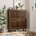 31.5-inch Walnut Slatted Shoe Cabinet, Mid-Century Modern Freestanding Design with 2 Flip-Top Drawers, Ideal for Hallways