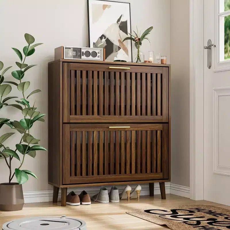 31.5-inch Walnut Slatted Shoe Cabinet, Mid-Century Modern Freestanding Design with 2 Flip-Top Drawers, Ideal for Hallways