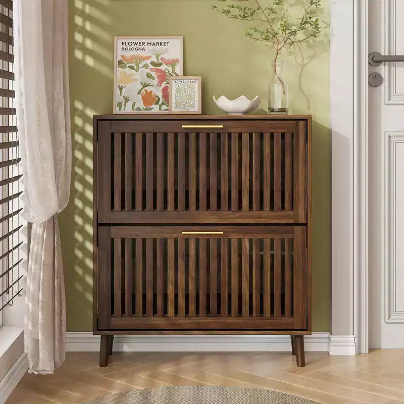 31.5-inch Walnut Slatted Shoe Cabinet, Mid-Century Modern Freestanding Design with 2 Flip-Top Drawers, Ideal for Hallways