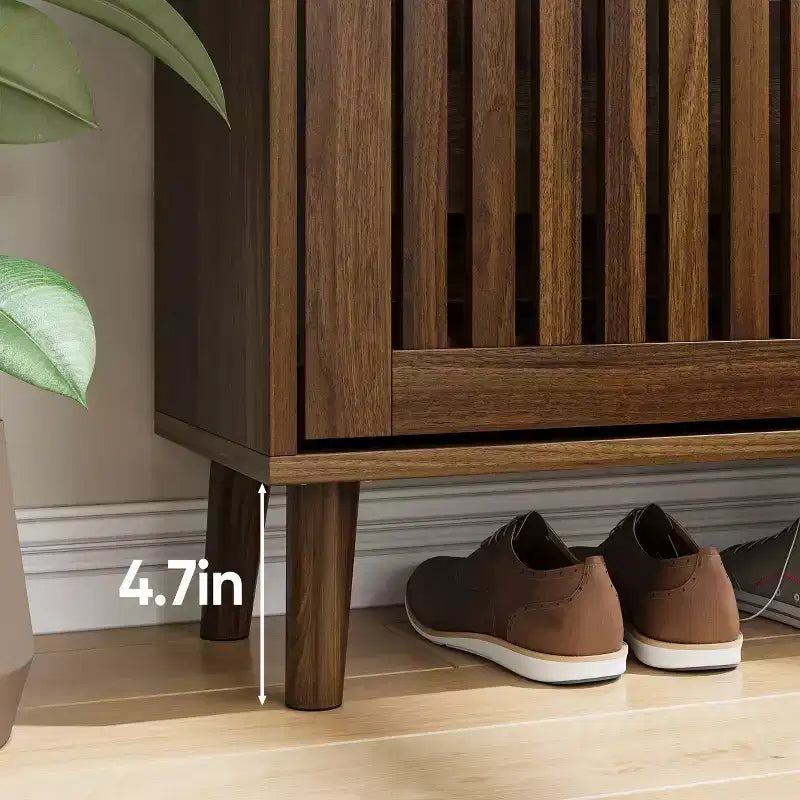 31.5-inch Walnut Slatted Shoe Cabinet, Mid-Century Modern Freestanding Design with 2 Flip-Top Drawers, Ideal for Hallways