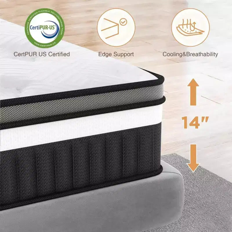 14 Queen Hybrid Mattress in a Box with Gel Memory Foam, Medium Feel, Pressure Relief, Skin Friendly, Motion Isolation, CertiPUR-US Certified