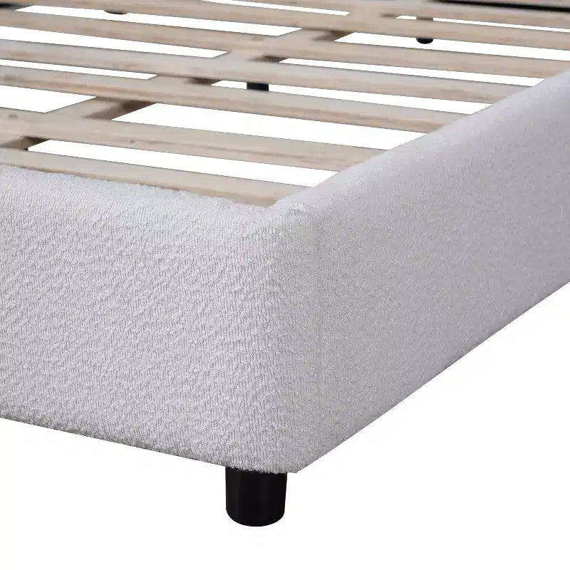 Queen/King Size Upholstered Platform Bed Frame with Round Curved Padded Headboard, White -