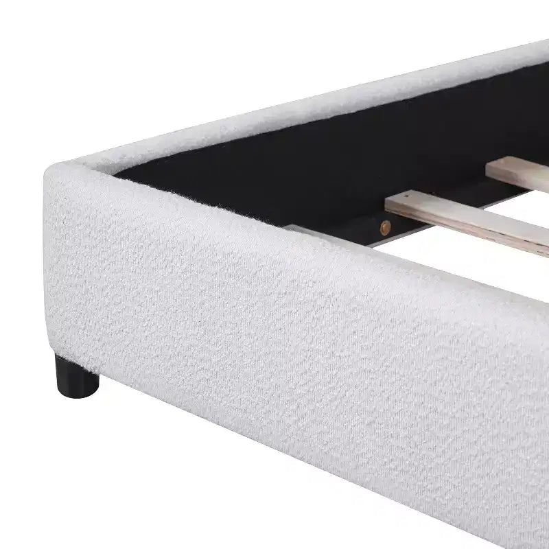 Queen/King Size Upholstered Platform Bed Frame with Round Curved Padded Headboard, White -