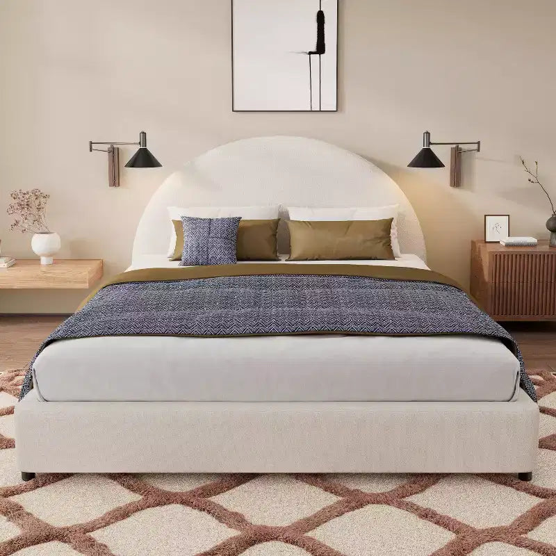 Queen/King Size Upholstered Platform Bed Frame with Round Curved Padded Headboard, White -
