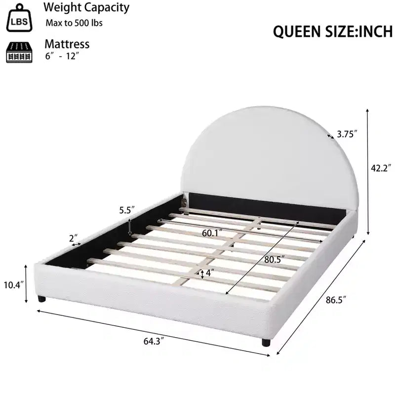 Queen/King Size Upholstered Platform Bed Frame with Round Curved Padded Headboard, White -