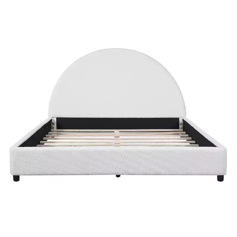 Queen/King Size Upholstered Platform Bed Frame with Round Curved Padded Headboard, White -
