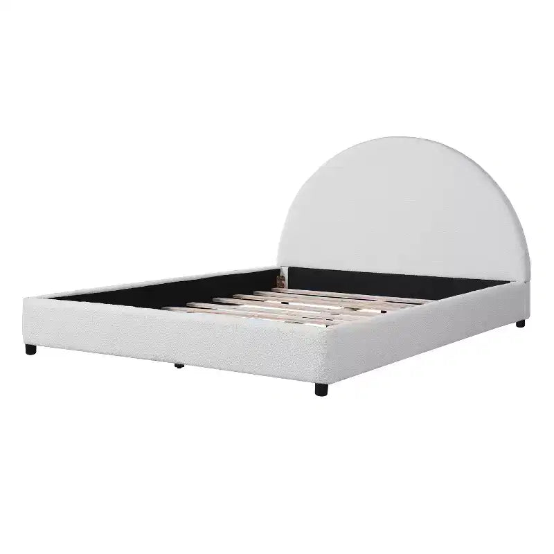 Queen/King Size Upholstered Platform Bed Frame with Round Curved Padded Headboard, White -