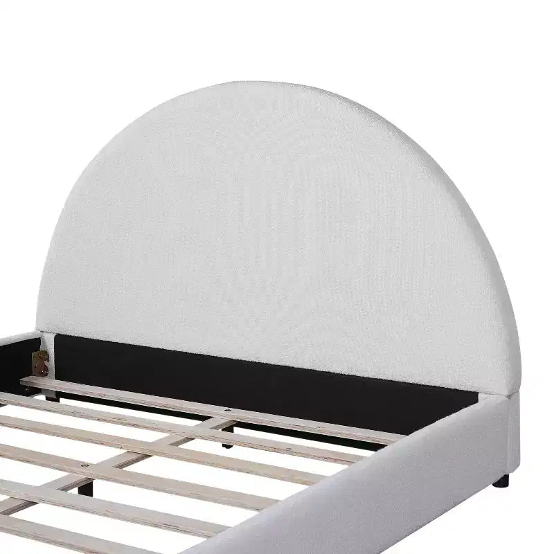 Queen/King Size Upholstered Platform Bed Frame with Round Curved Padded Headboard, White -