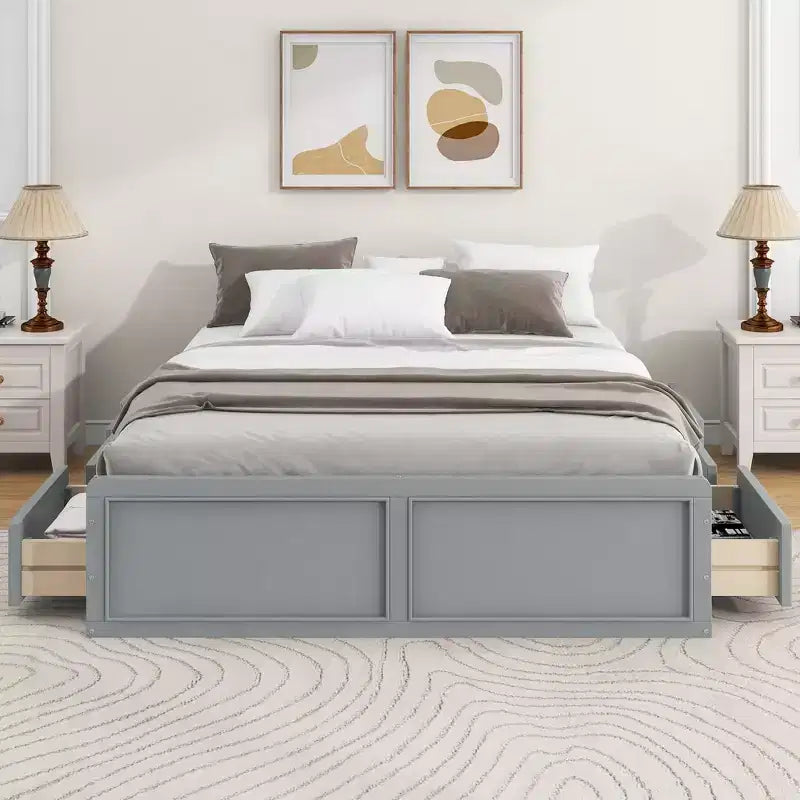 Queen Platform Beds with 6 Storage Drawers, Rustic Wood Queen Size Platform Bed Frame without Headboard, Gray