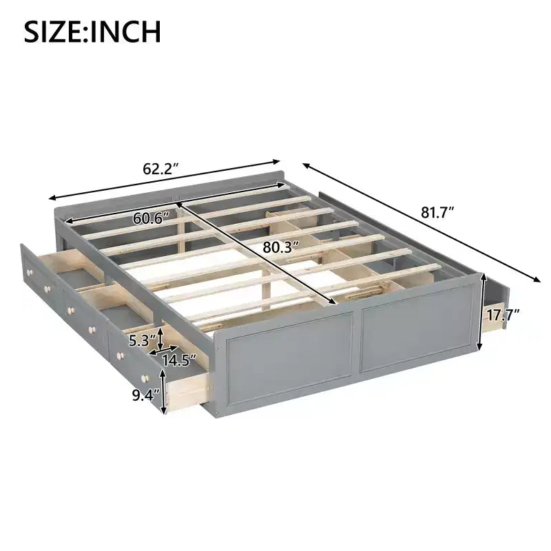 Queen Platform Beds with 6 Storage Drawers, Rustic Wood Queen Size Platform Bed Frame without Headboard, Gray