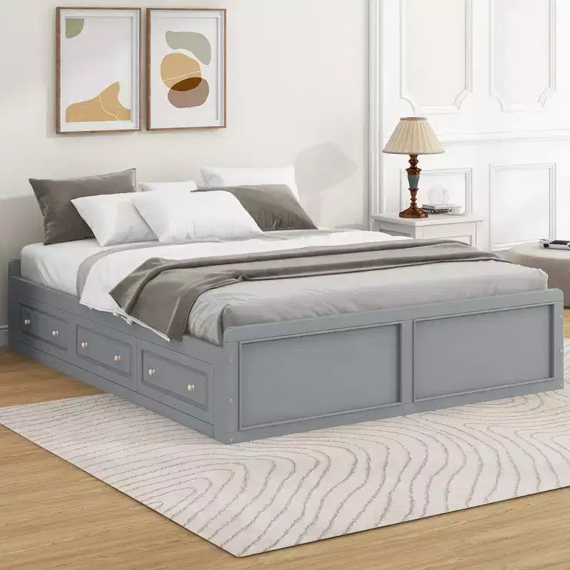 Queen Platform Beds with 6 Storage Drawers, Rustic Wood Queen Size Platform Bed Frame without Headboard, Gray