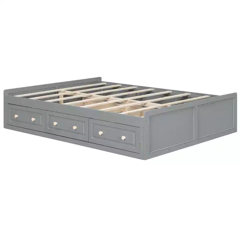 Queen Platform Beds with 6 Storage Drawers, Rustic Wood Queen Size Platform Bed Frame without Headboard, Gray