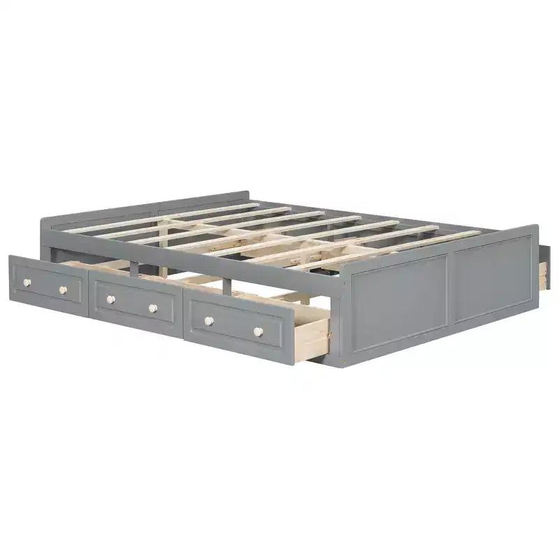 Queen Platform Beds with 6 Storage Drawers, Rustic Wood Queen Size Platform Bed Frame without Headboard, Gray