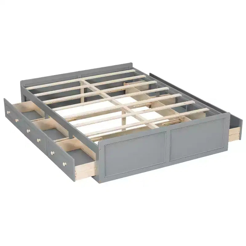 Queen Platform Beds with 6 Storage Drawers, Rustic Wood Queen Size Platform Bed Frame without Headboard, Gray