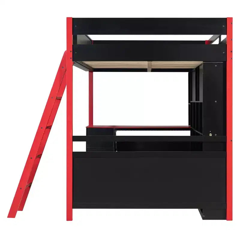 Full Size Modern Loft Bed With Lighted Desk, 3 Drawers and Storage Bookcase