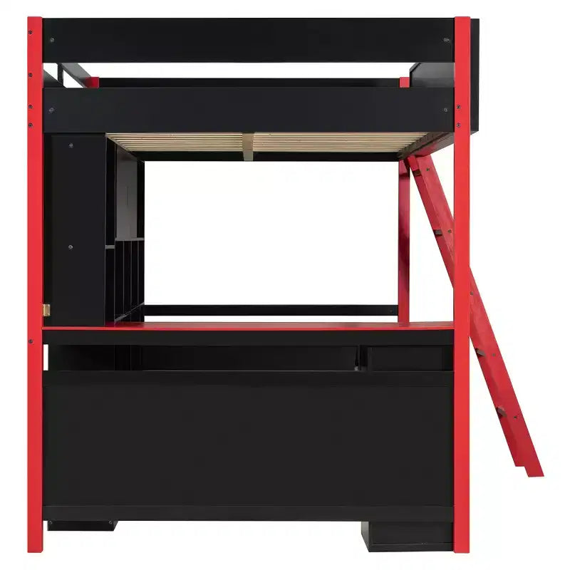 Full Size Modern Loft Bed With Lighted Desk, 3 Drawers and Storage Bookcase