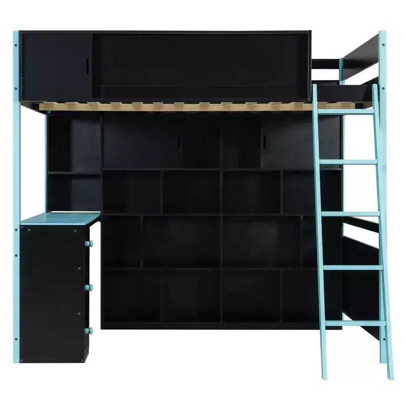Full Size Modern Loft Bed With Lighted Desk, 3 Drawers and Storage Bookcase