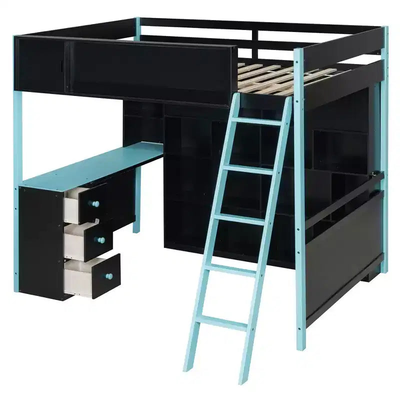 Full Size Modern Loft Bed With Lighted Desk, 3 Drawers and Storage Bookcase