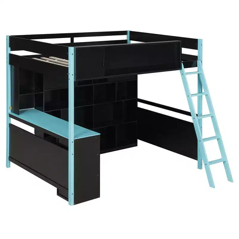 Full Size Modern Loft Bed With Lighted Desk, 3 Drawers and Storage Bookcase