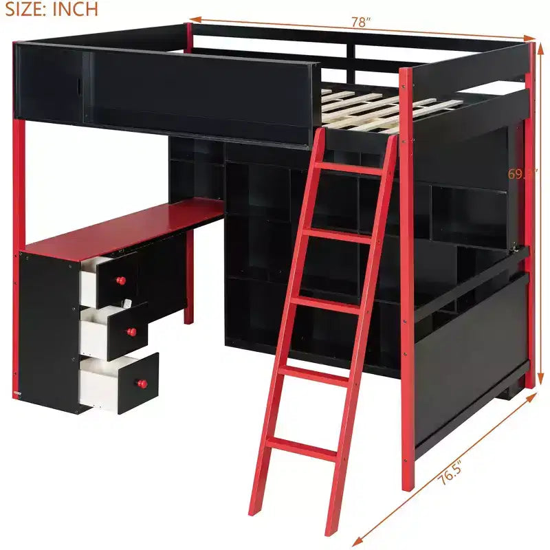 Full Size Modern Loft Bed With Lighted Desk, 3 Drawers and Storage Bookcase