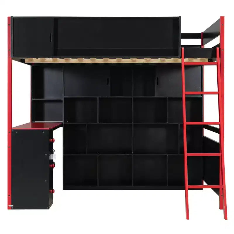Full Size Modern Loft Bed With Lighted Desk, 3 Drawers and Storage Bookcase