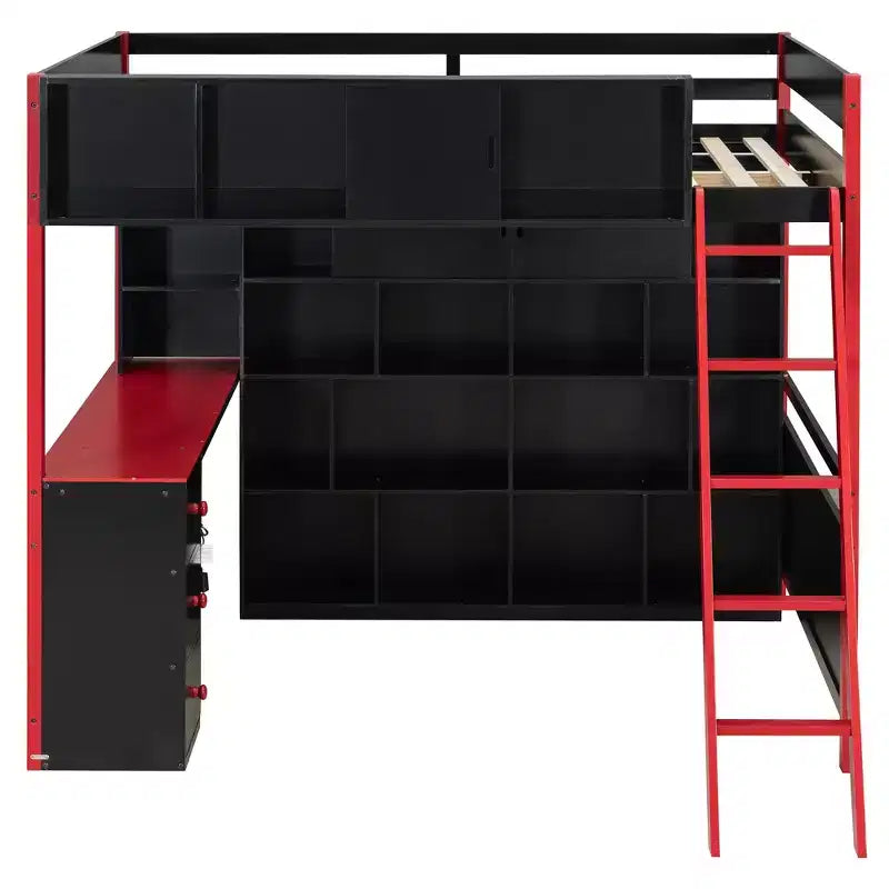 Full Size Modern Loft Bed With Lighted Desk, 3 Drawers and Storage Bookcase