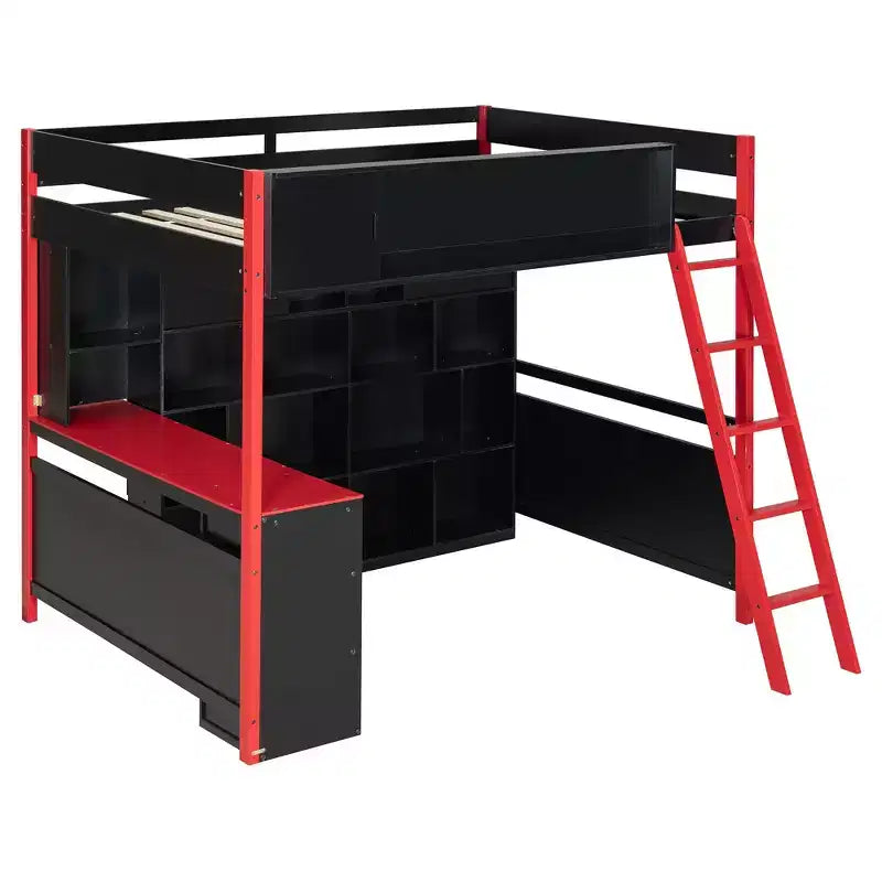 Full Size Modern Loft Bed With Lighted Desk, 3 Drawers and Storage Bookcase