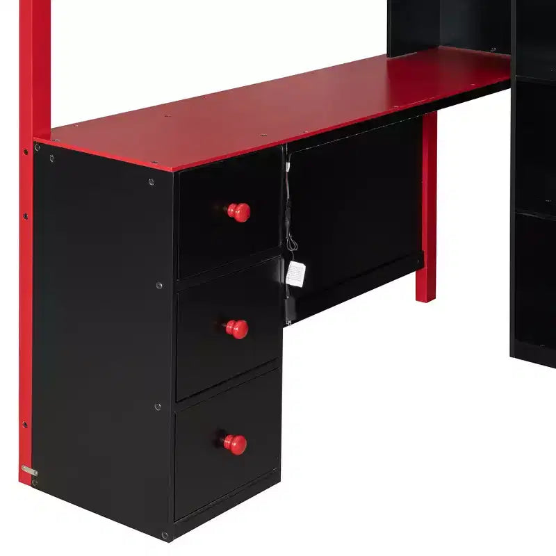 Full Size Modern Loft Bed With Lighted Desk, 3 Drawers and Storage Bookcase