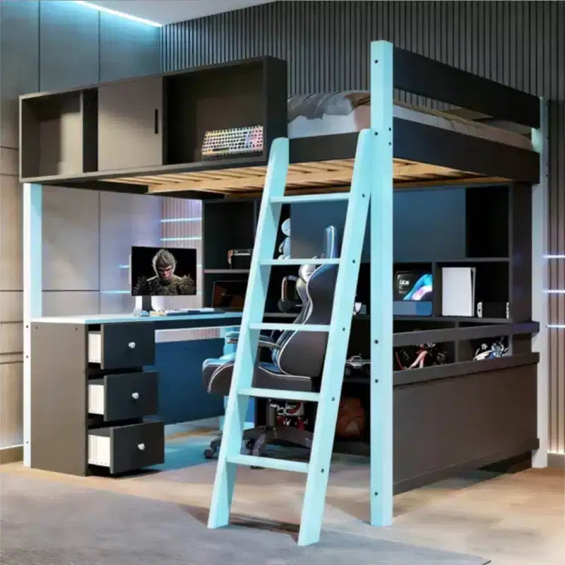  Full Size Modern Loft Bed With Lighted Desk, 3 Drawers and Storage Bookcase