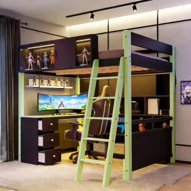 Full Size Modern Loft Bed With Lighted Desk, 3 Drawers and Storage Bookcase