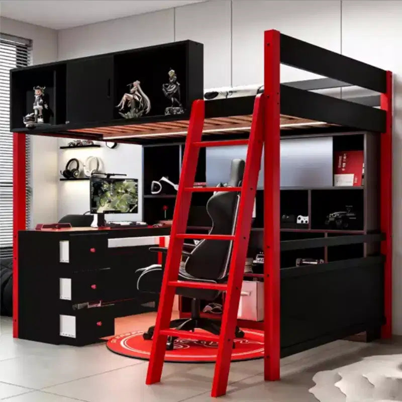 Full Size Modern Loft Bed With Lighted Desk, 3 Drawers and Storage Bookcase